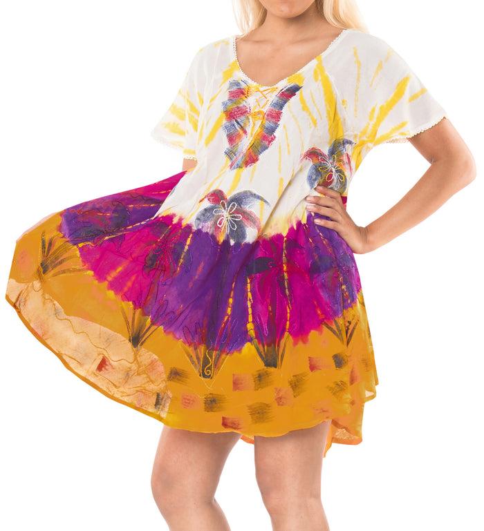 la leela LA LEELA Rayon Tie Dye Halter Casual DRESS Beach Cover upes Top Swimwear Tunic Yellow WhitePlus Size