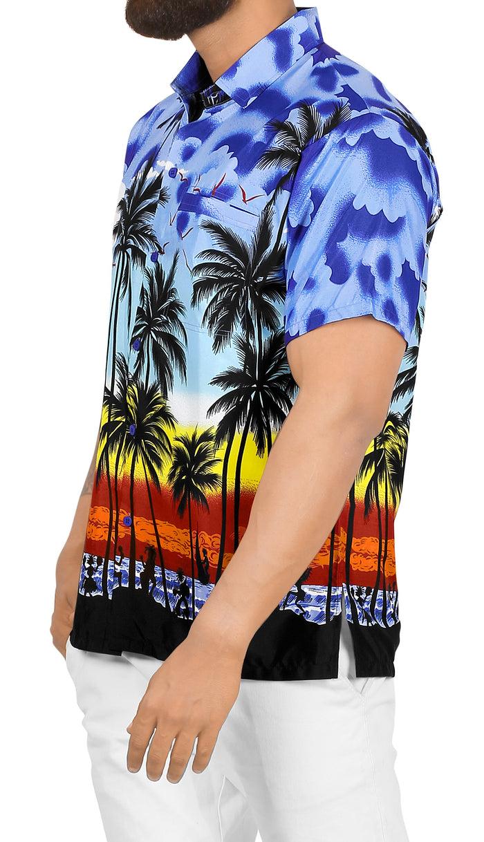 La Leela LA LEELA Regular Size Beach Hawaiian Shirt For Aloha Tropical Beach Front Short Sleeve For Mens Blue