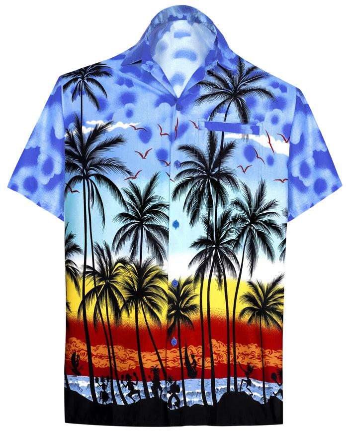 La Leela LA LEELA Regular Size Beach Hawaiian Shirt For Aloha Tropical Beach Front Short Sleeve For Mens Blue