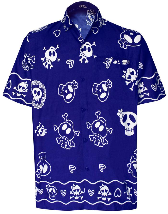 la leela LA LEELA Regular Size Beach hawaiian Shirt for Aloha Tropical Beach front Short Sleeve for Men Skull Printed Blue