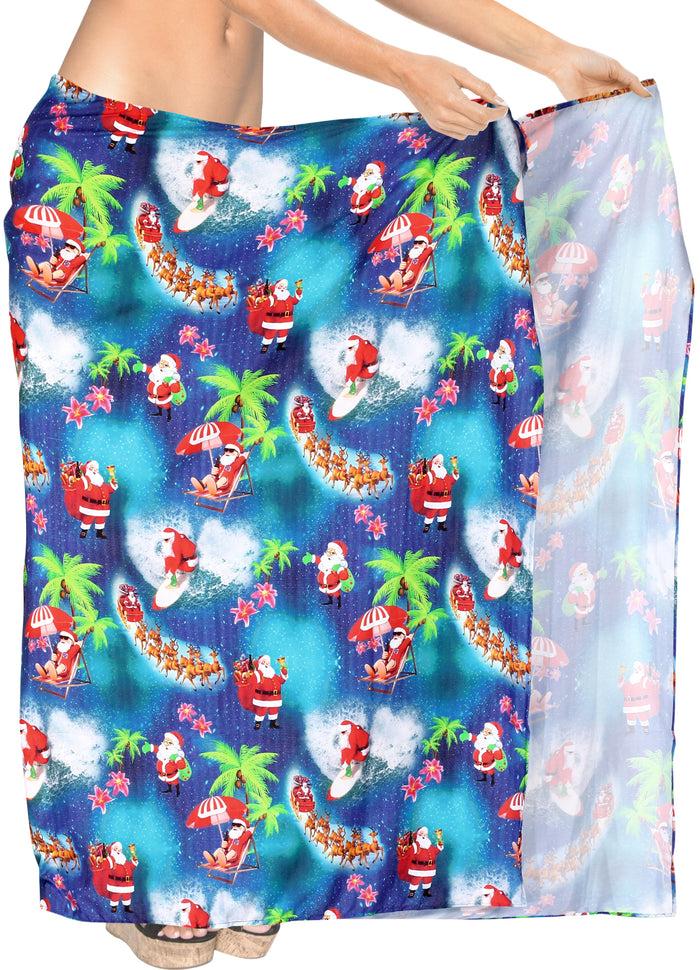 La Leela LA LEELA Santa Claus Christmas Sarong Swimwear Pareo Coverup 78"X42" Blue_X523