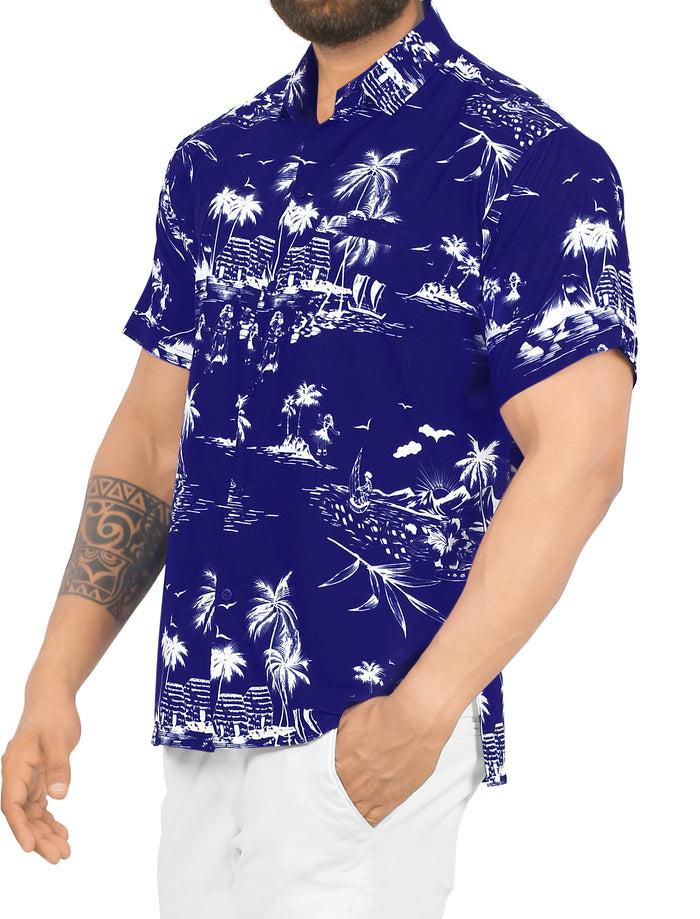 La Leela LA LEELA Shirt Casual Button Down Short Sleeve Beach Shirt Men Aloha Pocket Shirt Blue_W420