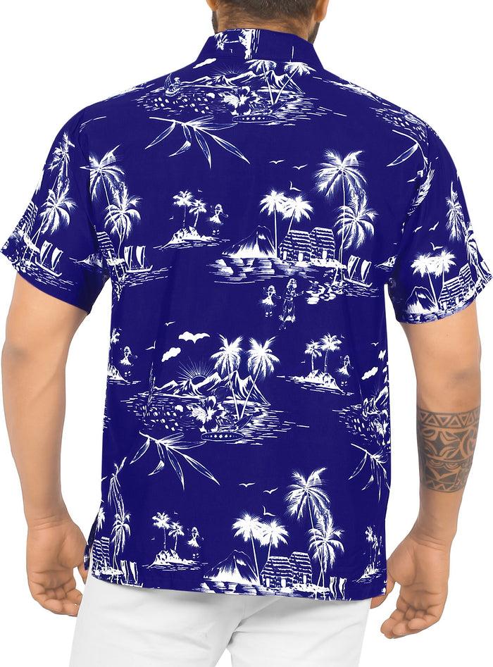 La Leela LA LEELA Shirt Casual Button Down Short Sleeve Beach Shirt Men Aloha Pocket Shirt Blue_W420