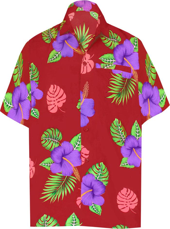 la leela LA LEELA Shirt Casual Button Down Short Sleeve Beach Shirt Men Aloha Pocket Blood Red_W341