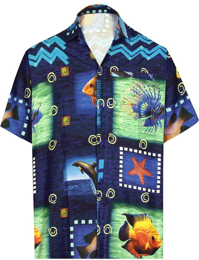 la leela LA LEELA Shirt Casual Button Down Short Sleeve Beach Shirt Men Aloha Pocket Blue_AA169