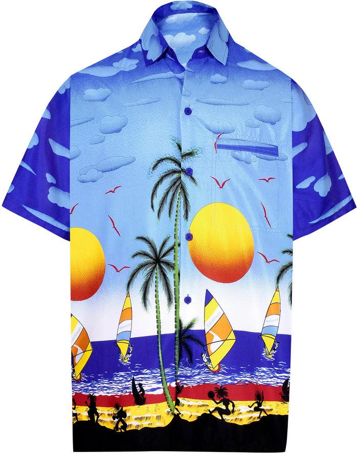 la leela LA LEELA Shirt Casual Button Down Short Sleeve Beach Shirt Men Aloha Pocket shirt Blue_W70