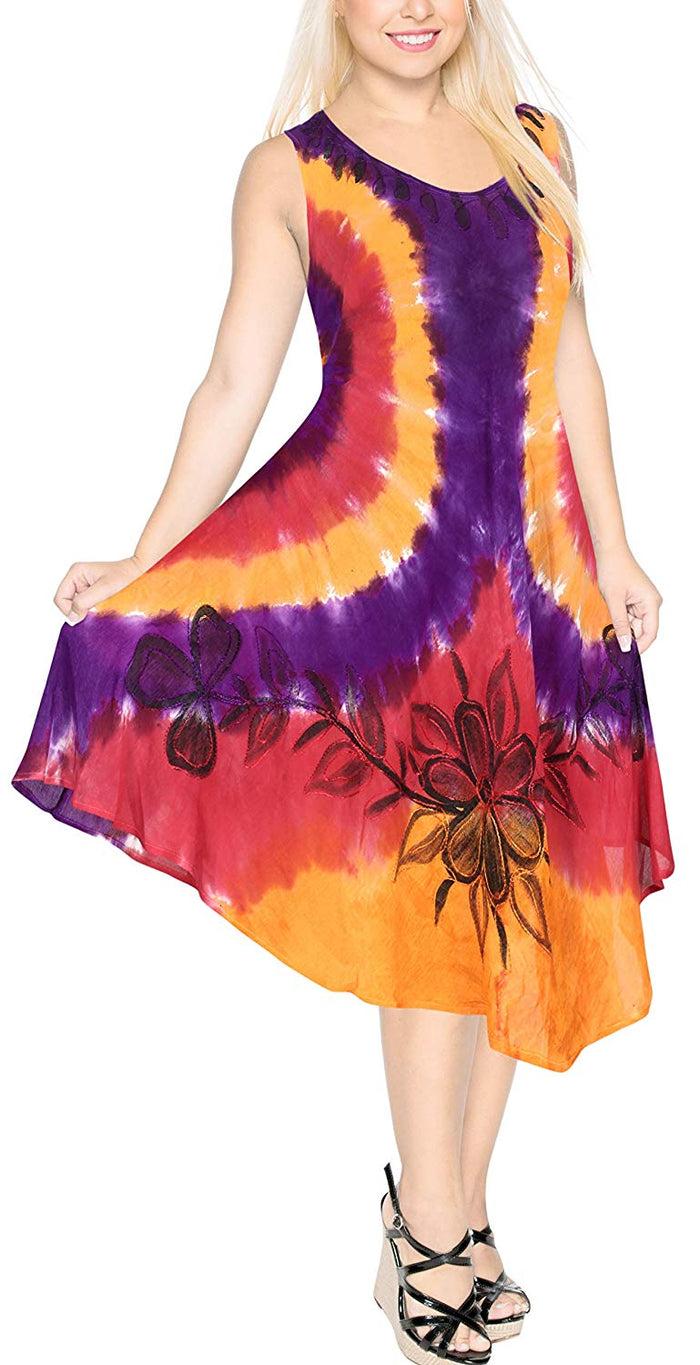 La Leela La Leela Smooth Rayon Swirl Hand Tie Dye Embroidered Casual Short Beach Dress