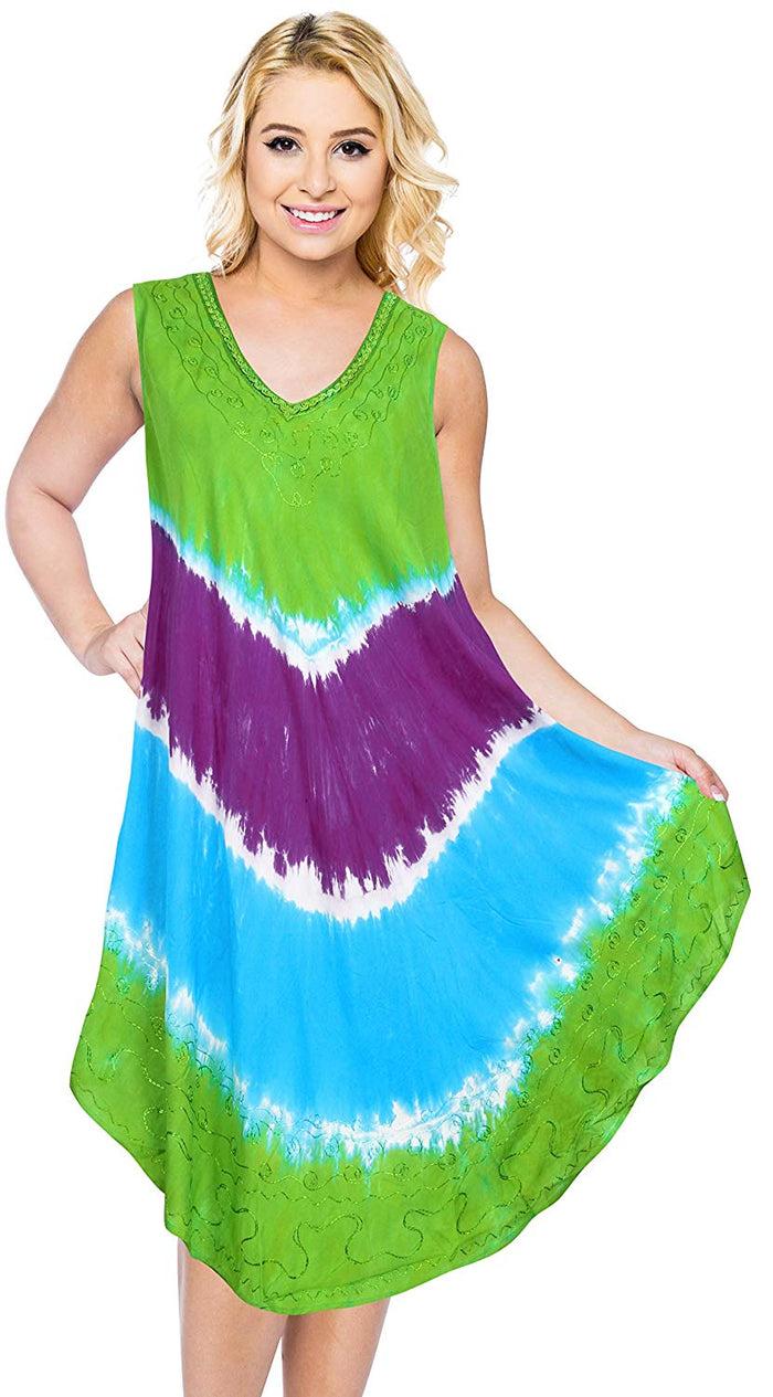 La Leela La Leela Smooth Rayon Swirl Hand Tie Dye Embroidered Casual Short Beach Dress