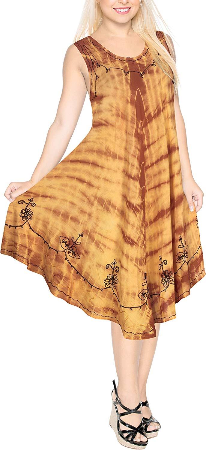 La Leela La Leela Smooth Rayon Swirl Hand Tie Dye Embroidered Casual Short Beach Dress