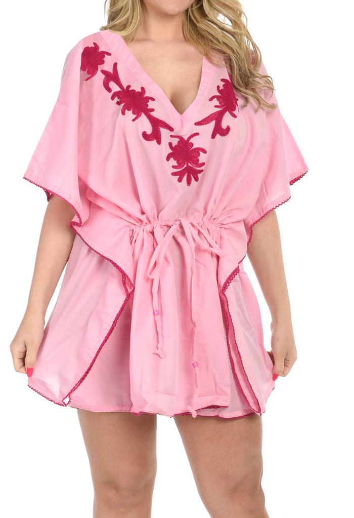 la leela La Leela SOFT Rayon Embroidered Neck Bikini Swimwear TUNIC Evening Dress Pink
