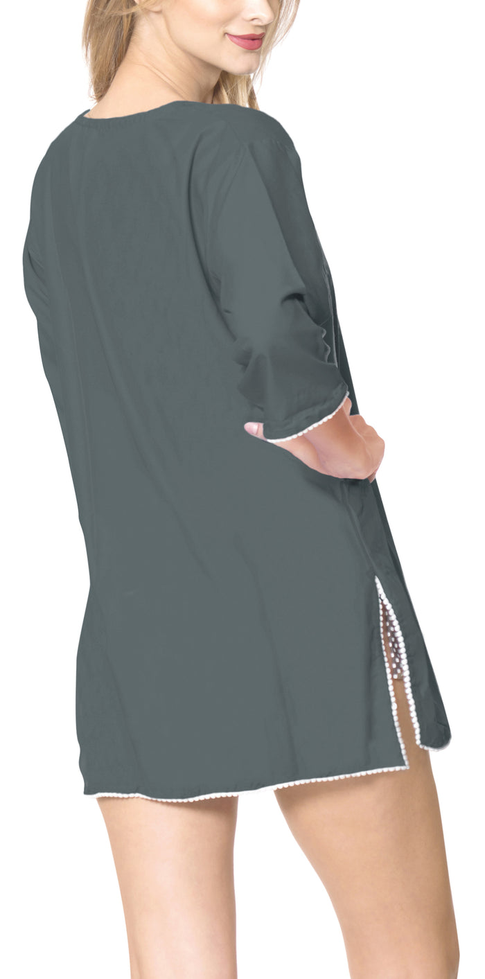 La Leela La Leela Solid Long Sleeves Beach Wear Pom Pom Bikini Swimwear Cover Up TOP L W