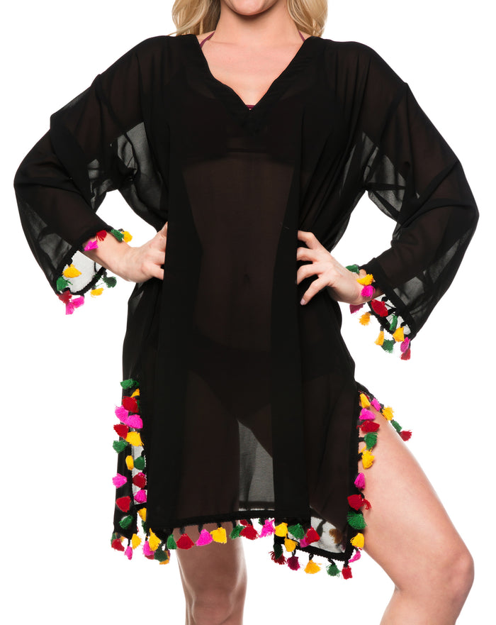 La Leela La Leela Solid Long Sleeves Beach Wear Pom Pom Bikini Swimwear Cover Up TOP M B