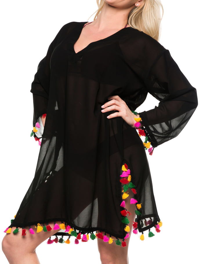 la leela La Leela Solid Long sleeves Beach wear Pom Pom Bikini Swimwear Cover up TOP M B