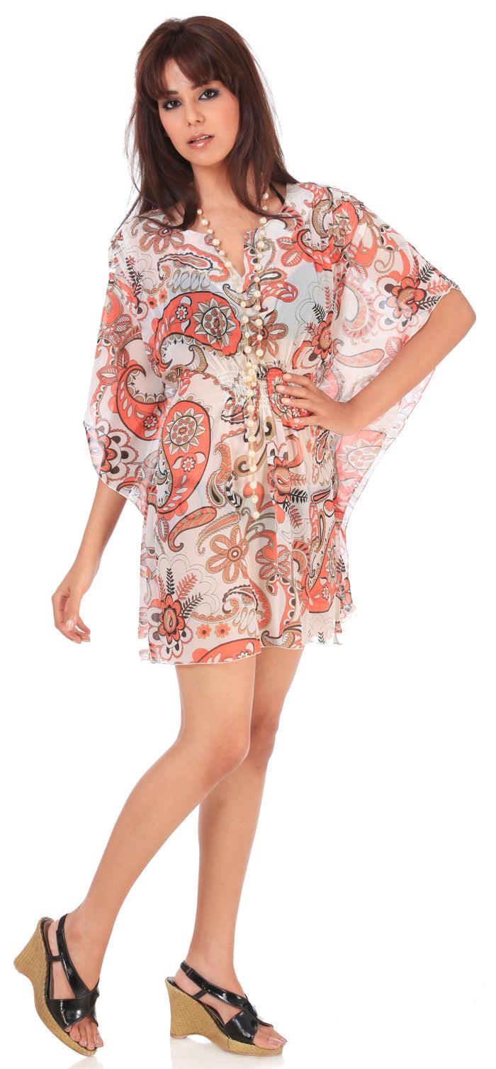 la leela La Leela Super LIGHTWEIGHT CHIFFON Dancing Paisley Swim Cover up Dress Orange