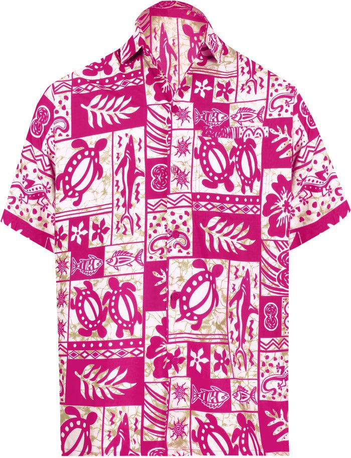 la leela LA LEELA Support Pink Breast Cancer Shirt Aquatic Life Hawaiian Beach Shirt for Men's Casual Button down Tropical Aloha White_W127