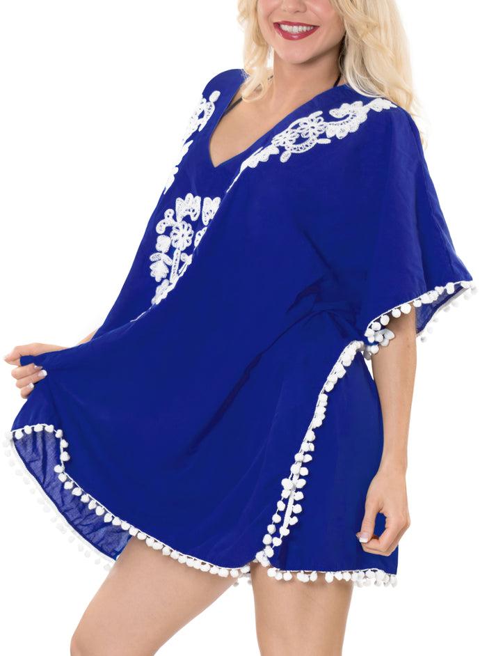 La Leela LA LEELA Swim Beach Swimsuit Coverup Women Kimono Dress Embroidered OSFM 16-24 [XL-3X] Blue_H469