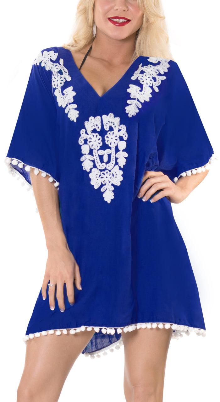 la leela LA LEELA Swim Beach Swimsuit Coverup Women Kimono Dress Embroidered OSFM 16-24 [XL-3X] Blue_H469