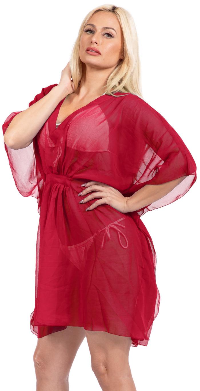 La Leela LA LEELA Swimsuit Cover Ups Beach Kimono Dress For Women Red_Y408 OSFM 4-14{S-L]