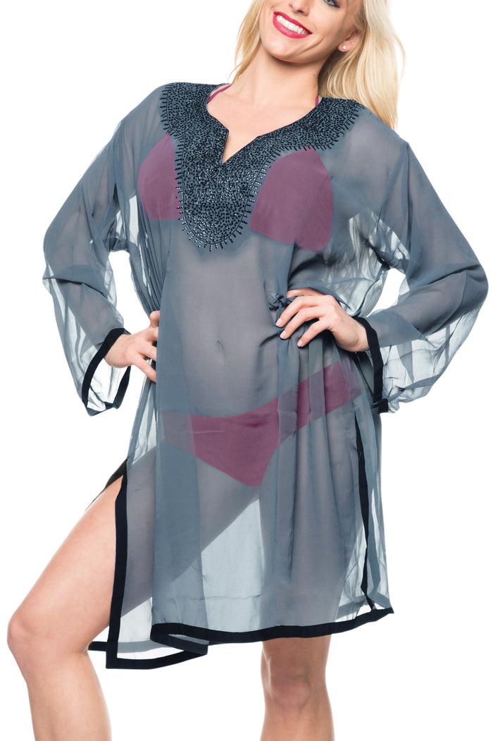 La Leela LA LEELA Swimwear Chiffon Solid Bikini Cover Up Swimsuit OSFM 8-18 [M-XL] Grey_592