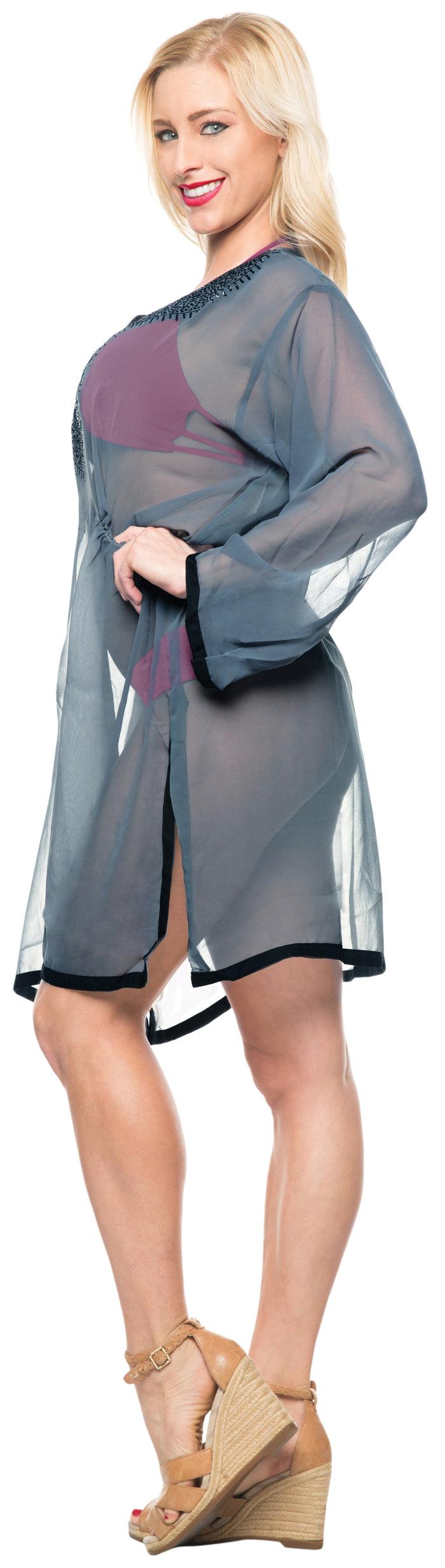 La Leela LA LEELA Swimwear Chiffon Solid Bikini Cover Up Swimsuit OSFM 8-18 [M-XL] Grey_592