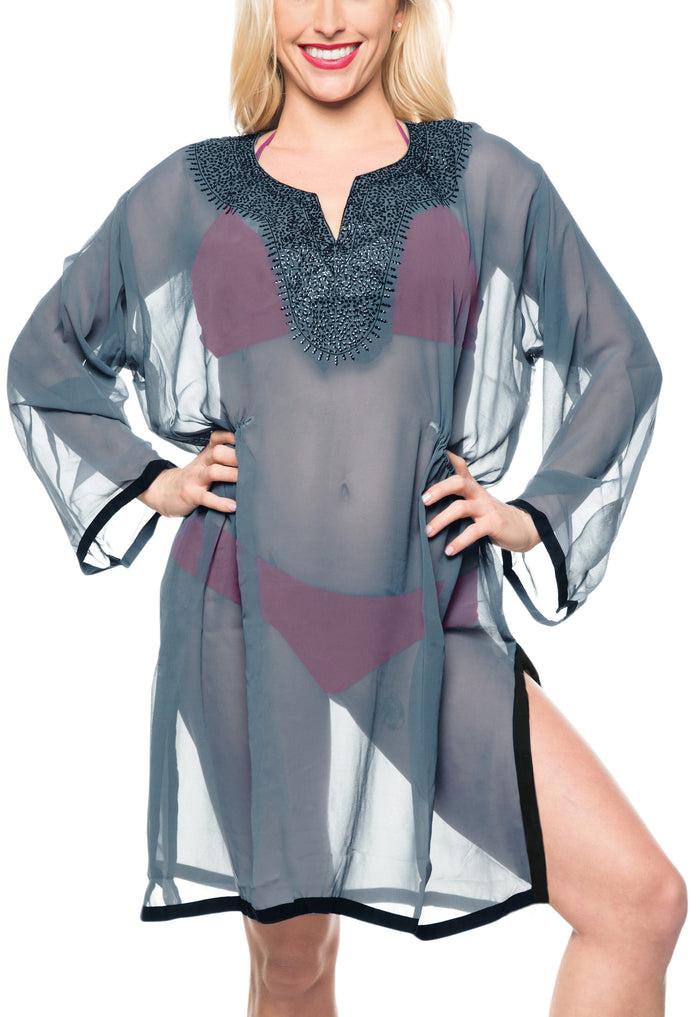 la leela LA LEELA Swimwear Chiffon Solid Bikini Cover Up Swimsuit OSFM 8-18 [M-XL] Grey_592