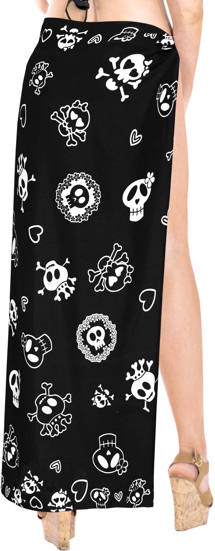 La Leela LA LEELA Women Halloween Skulls Skeleton Beach Cover Up Sarong Swimsuit Coverup Pareo One Size Black_B874