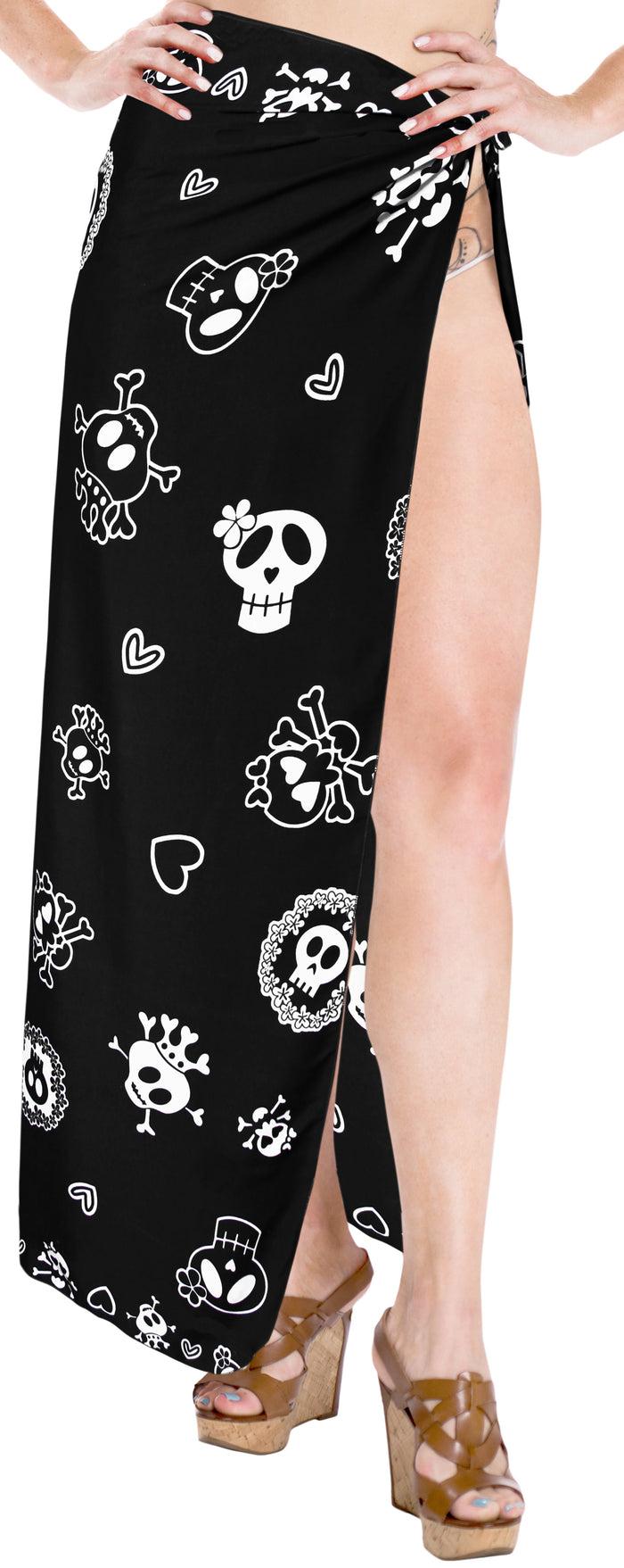 la leela LA LEELA Women Halloween Skulls Skeleton Beach Cover Up Sarong Swimsuit Coverup Pareo One Size Black_B874