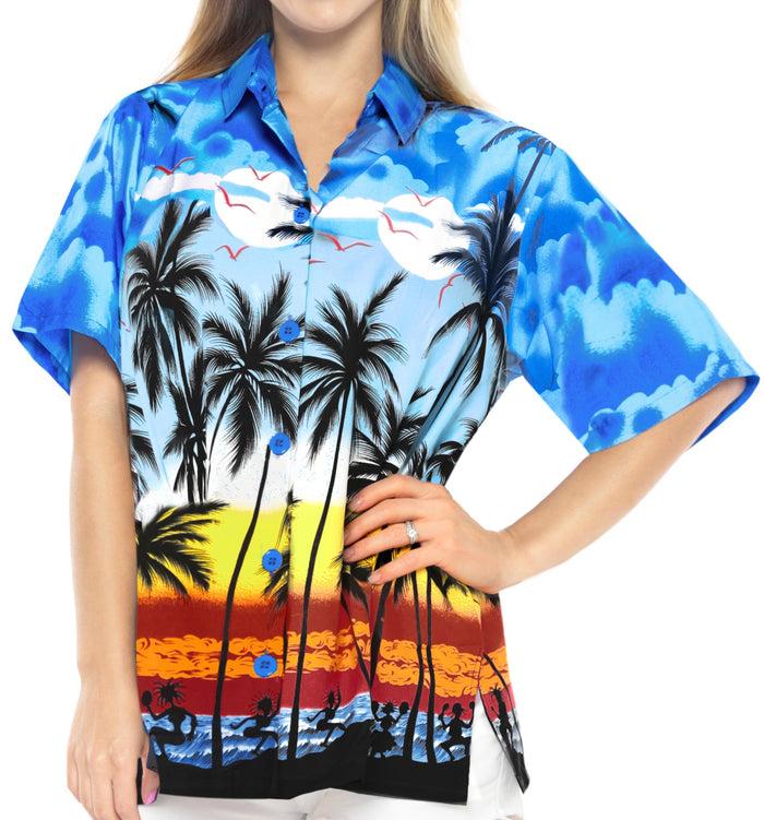 la leela LA LEELA Women Hawaiian Shirt Beach Blouses Tank Top Aloha Boho Casual Holiday Button Up - w959