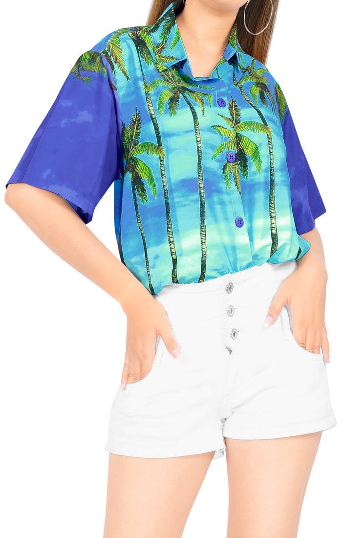 La Leela La Leela Women's Bamboo Grove Hawaiian Aloha Tropical Beach Short Sleeve Relaxed Fit Blouse Printed Shirt Blue