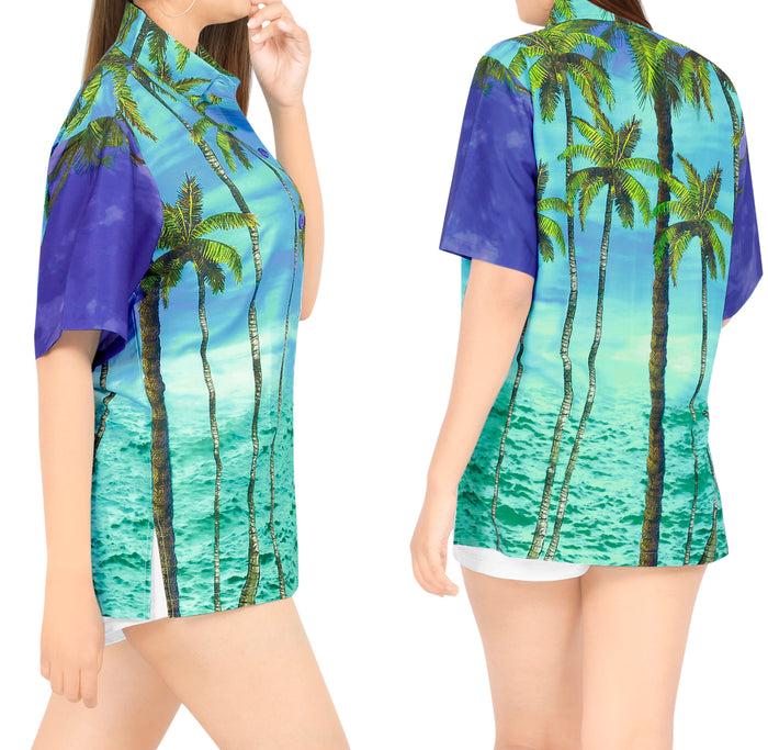 La Leela La Leela Women's Bamboo Grove Hawaiian Aloha Tropical Beach Short Sleeve Relaxed Fit Blouse Printed Shirt Blue