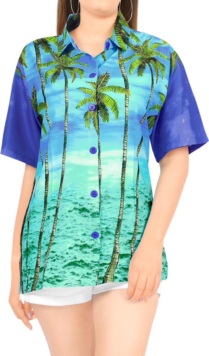 la leela La Leela Women's Bamboo Grove Hawaiian Aloha Tropical Beach Short Sleeve Relaxed Fit Blouse Printed Shirt Blue