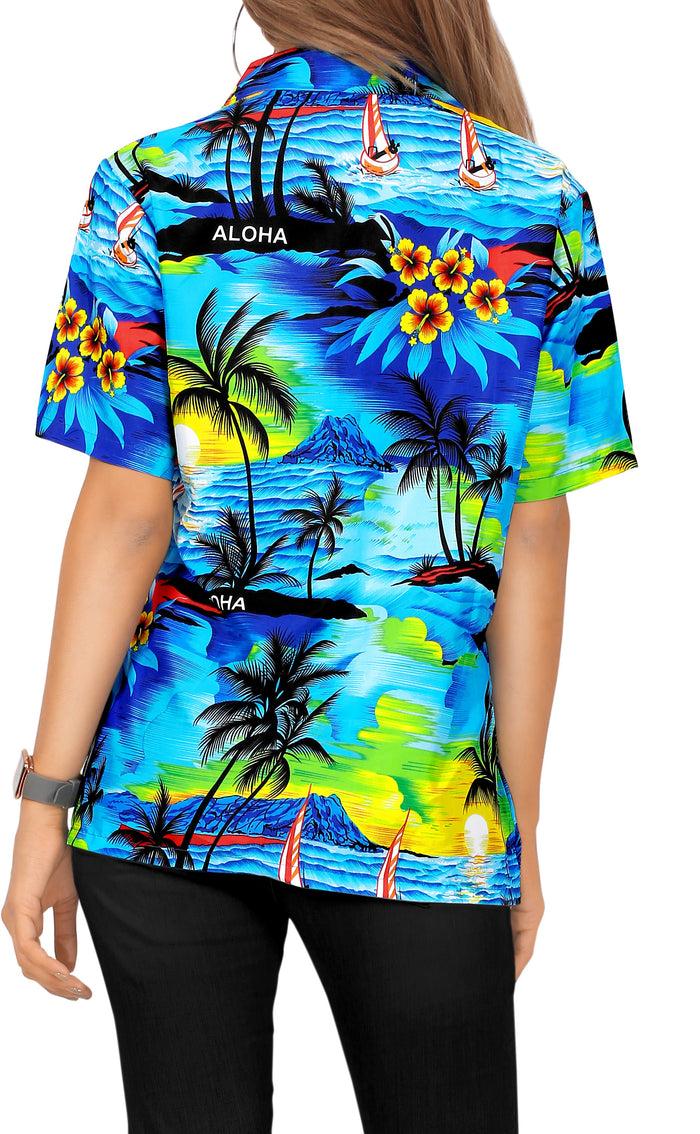 La Leela LA LEELA Women's Beach Casual Hawaiian Blouse Short Sleeve Button Down Shirt Tank Top Blue