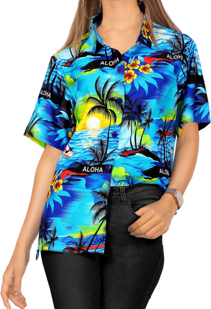 La Leela LA LEELA Women's Beach Casual Hawaiian Blouse Short Sleeve Button Down Shirt Tank Top Blue
