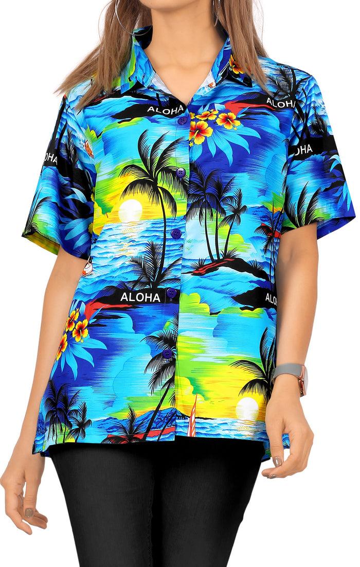 la leela LA LEELA Women's Beach Casual Hawaiian Blouse Short Sleeve button Down Shirt Tank top Blue