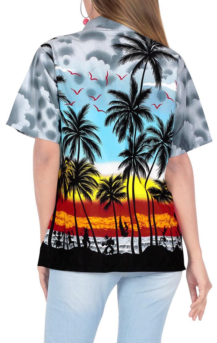 La Leela LA LEELA Women's Beach Casual Hawaiian Blouse Short Sleeve Button Down Shirt Aloha Grey