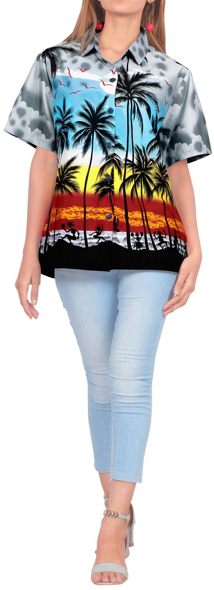 La Leela LA LEELA Women's Beach Casual Hawaiian Blouse Short Sleeve Button Down Shirt Aloha Grey