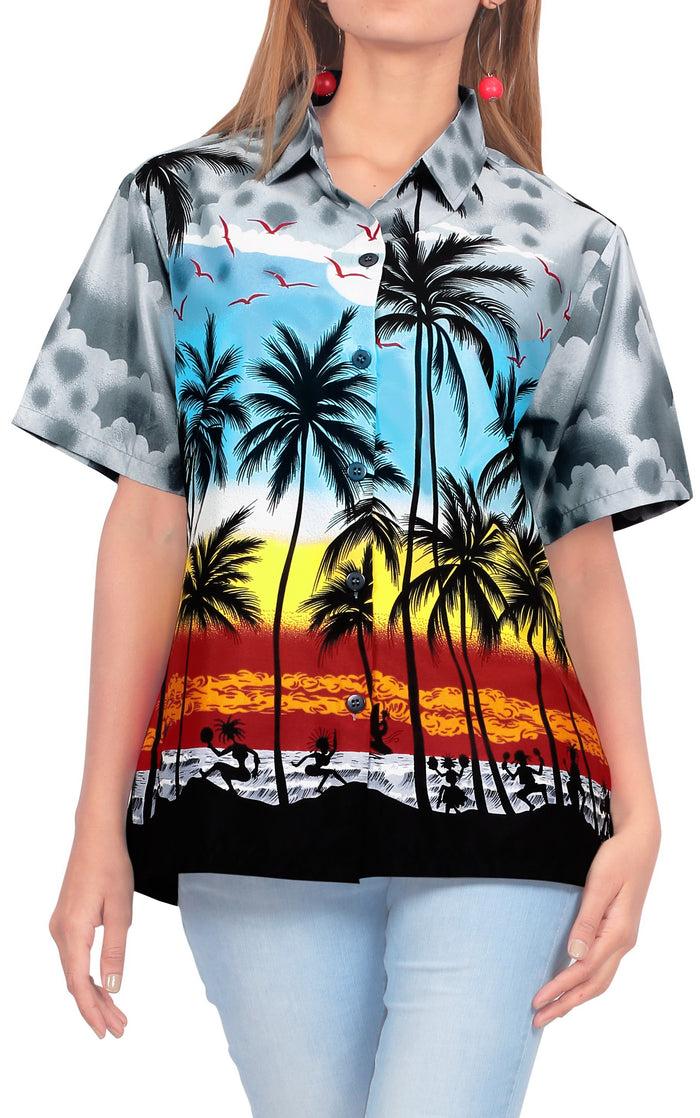 la leela LA LEELA Women's Beach Casual Hawaiian Blouse Short Sleeve button Down Shirt aloha Grey