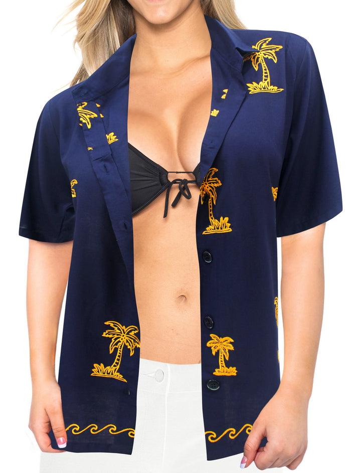 La Leela LA LEELA Women's Beach Casual Hawaiian Blouse Short Sleeve Button Down Shirt Aloha Blue