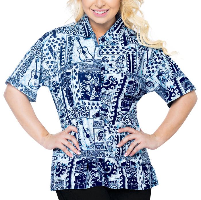 La Leela LA LEELA Women's Beach Casual Hawaiian Blouse Short Sleeve Button Down Shirt Aloha Navy Blue