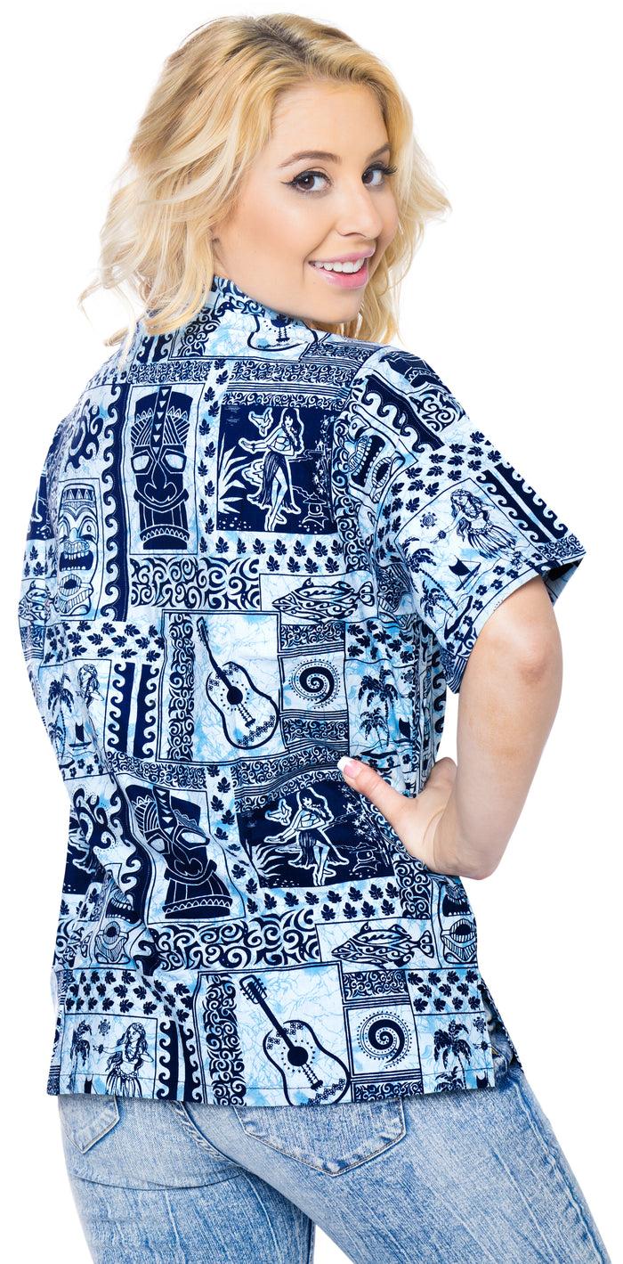 La Leela LA LEELA Women's Beach Casual Hawaiian Blouse Short Sleeve Button Down Shirt Aloha Navy Blue
