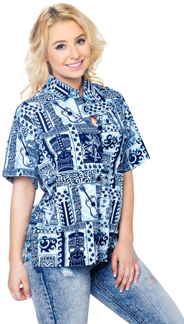 la leela LA LEELA Women's Beach Casual Hawaiian Blouse Short Sleeve button Down Shirt Aloha Navy Blue