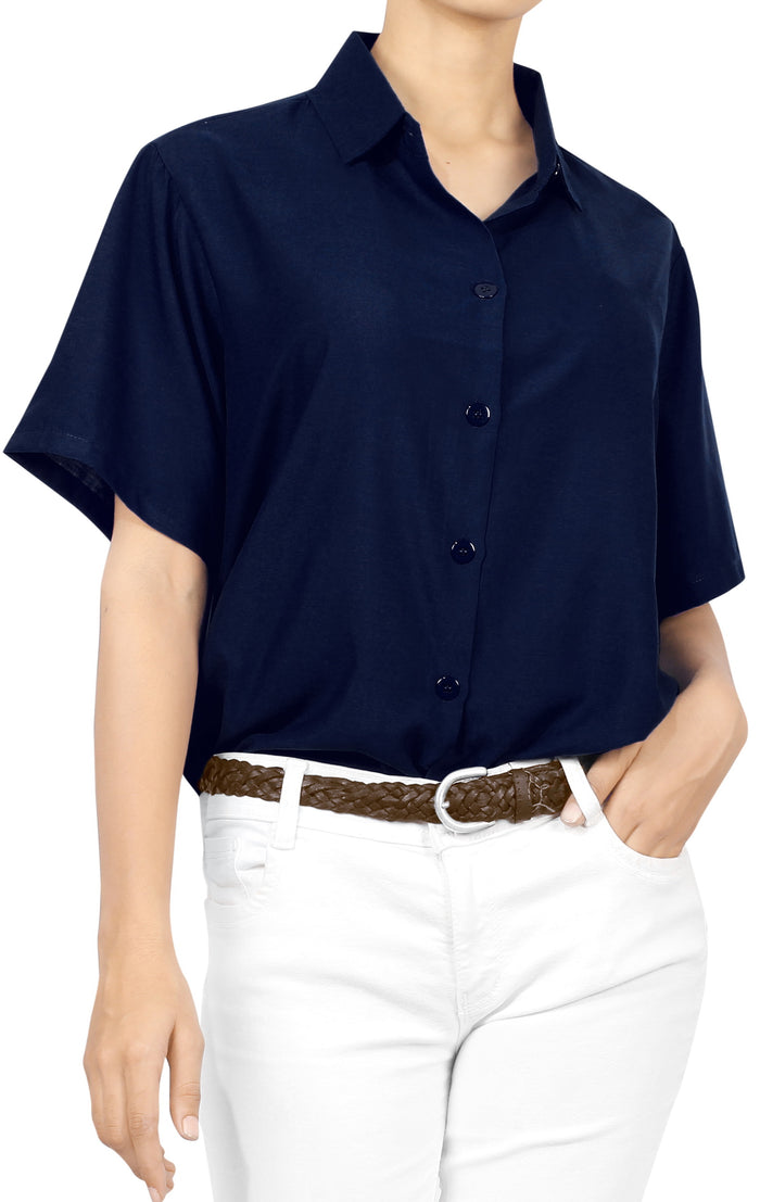 La Leela LA LEELA Women's Beach Casual Hawaiian Blouse Short Sleeve Button Down Shirt Navy Blue