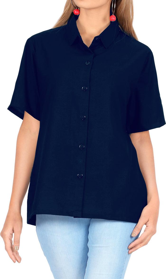 la leela LA LEELA Women's Beach Casual Hawaiian Blouse Short Sleeve button Down Shirt Navy Blue