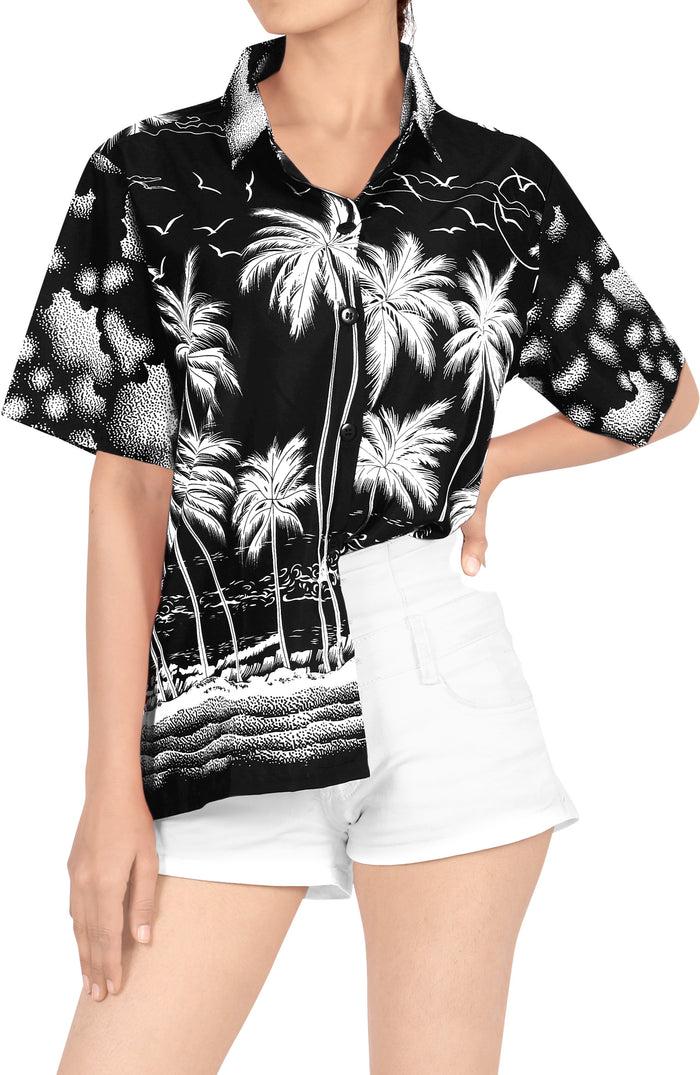 La Leela LA LEELA Women's Beach Casual Hawaiian Blouse Short Sleeves Button Down Shirt Black