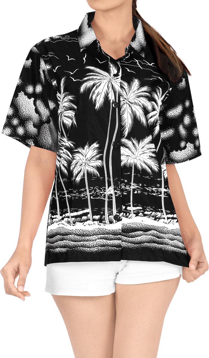 la leela LA LEELA Women's Beach Casual Hawaiian Blouse Short Sleeves button Down Shirt Black