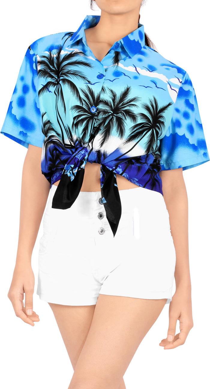 La Leela LA LEELA Women's Beach Casual Hawaiian Blouse Short Sleeve Button Down Shirt Cover Up Blue