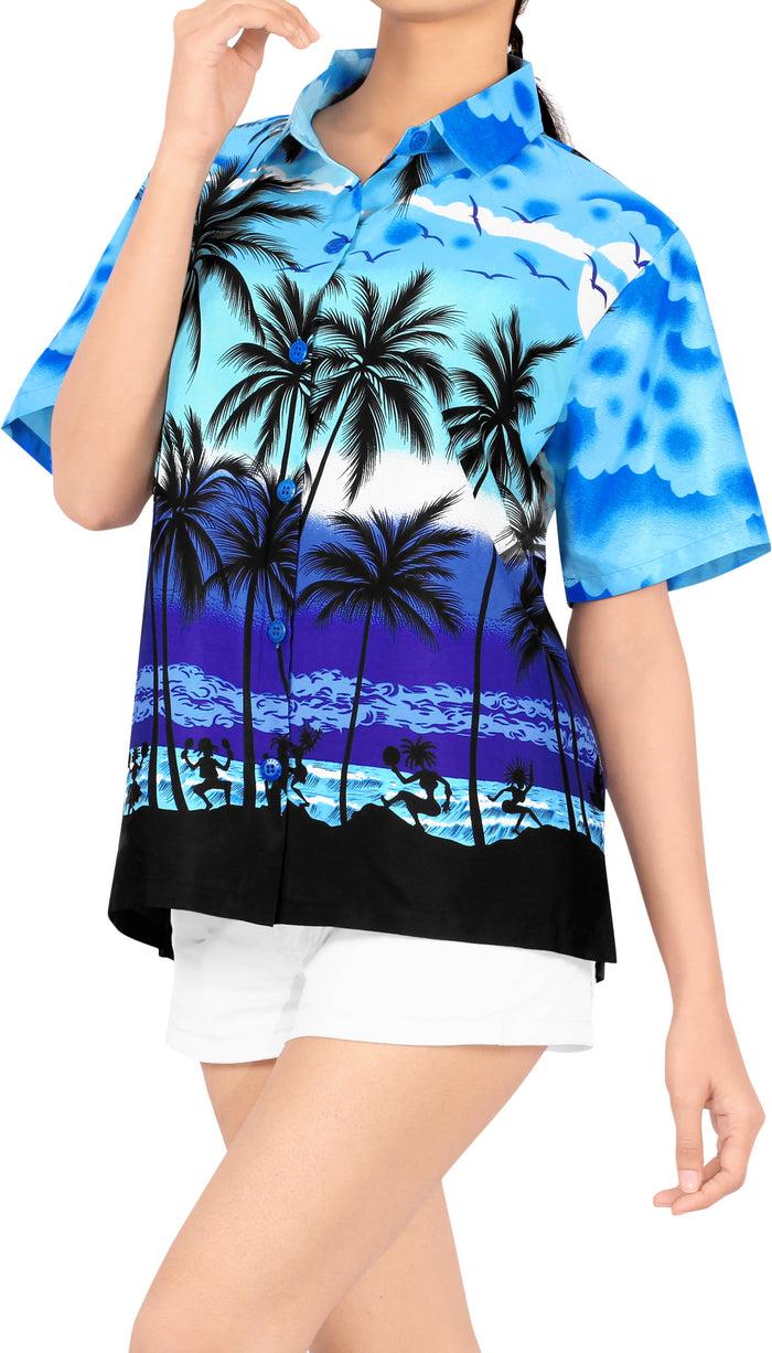 La Leela LA LEELA Women's Beach Casual Hawaiian Blouse Short Sleeve Button Down Shirt Cover Up Blue