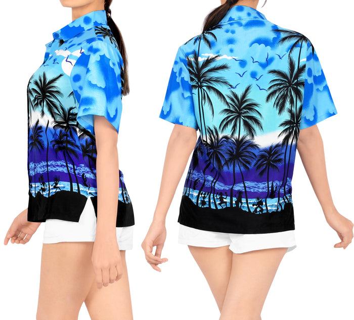 La Leela LA LEELA Women's Beach Casual Hawaiian Blouse Short Sleeve Button Down Shirt Cover Up Blue