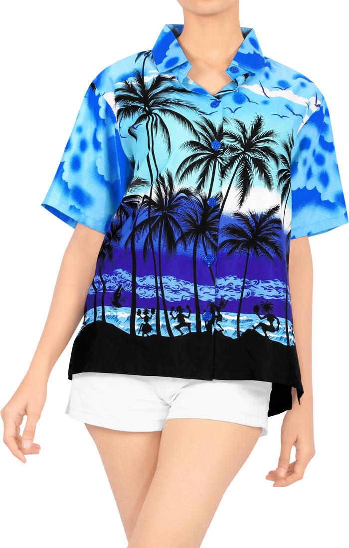 la leela LA LEELA Women's Beach Casual Hawaiian Blouse Short Sleeve button Down Shirt Cover up Blue