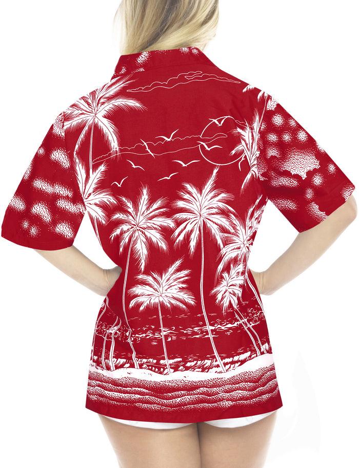 La Leela LA LEELA Women's Beach Casual Hawaiian Blouse Short Sleeves Button Down Shirt Palm Tree Printed Red